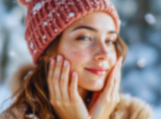 Woman touching her soft face in winter from using the best moisturizer for winter