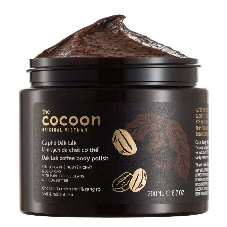 Cocoon Dak Lak Coffee Body Polish 200mlPure coffee beans from Dak Lak combine with cocoa butter from Tien Giang to effectively clean the dead skin cell, even the skin tone, arouse the energy for soft and