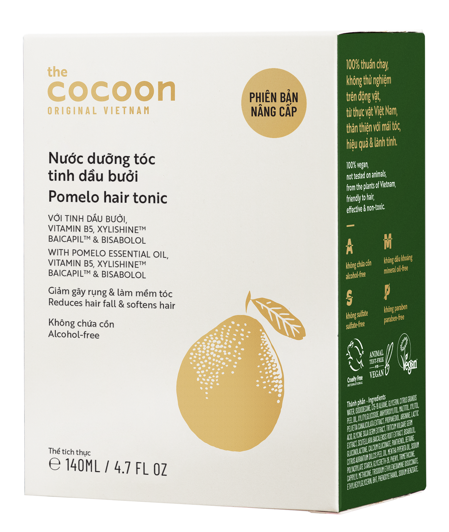 Cocoon Pomelo Hair Tonic 140mlThe vegan pomelo cocoon hair tonic is a treatment product for hair loss, weak hair, thin hair and slow hair growth.From Vietnamese traditional pomelo peel oil blend