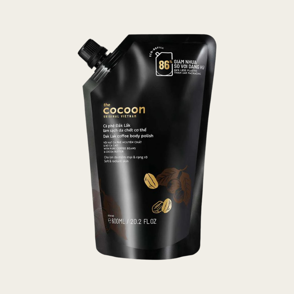 Cocoon Dak Lak Coffee Body Polish 600mlPure coffee beans from Dak Lak combine with cocoa butter from Tien Giang to effectively clean the dead skin cell, even the skin tone, arouse the energy for soft and