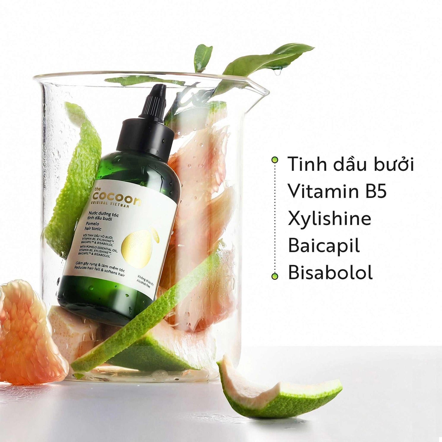 Cocoon Pomelo Hair Tonic 140mlThe vegan pomelo cocoon hair tonic is a treatment product for hair loss, weak hair, thin hair and slow hair growth.From Vietnamese traditional pomelo peel oil blend